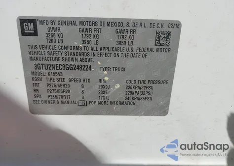 2016 GMC Sierra 1500 Slt from USA, damaged, VIN 3GTU2NEC8GG248224